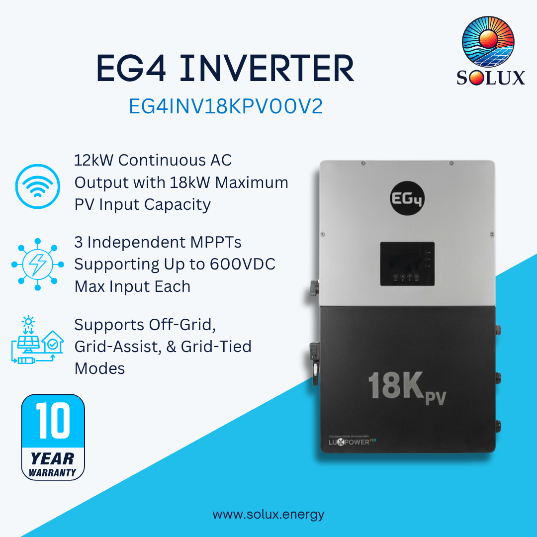Solux EG4 Inverter EG4INV18KPV00V product graphic on a white and blue background, showing the inverter unit with text specs and a 10-year warranty badge.
